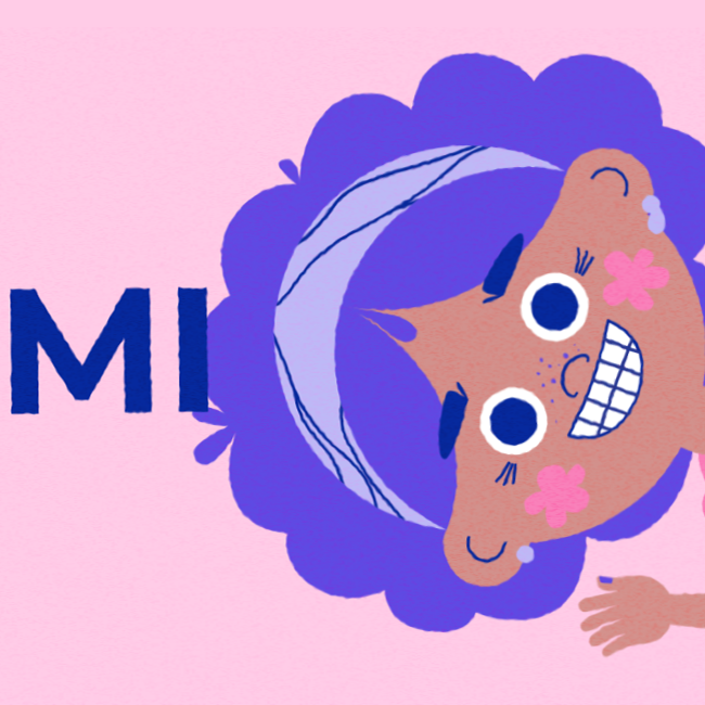 Animated character Lumi in a vivid pink and blue composition