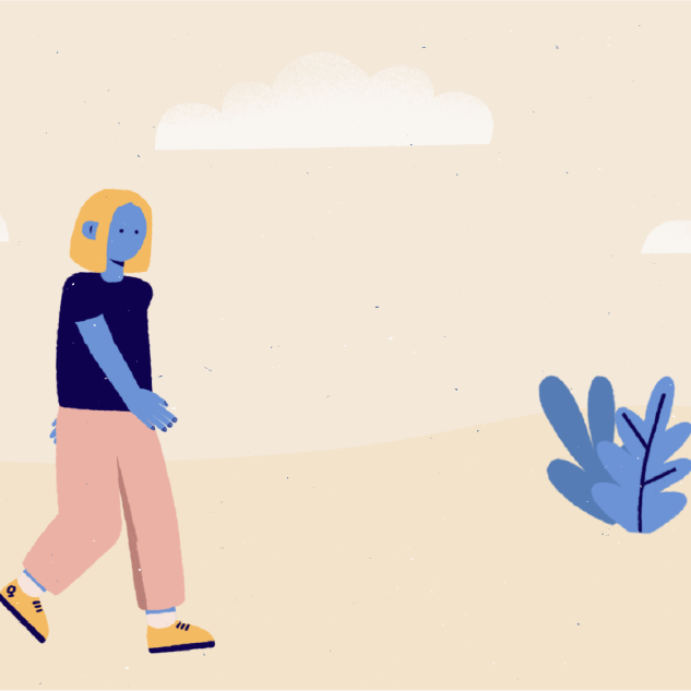 Illustrated character walking through a quiet landscape